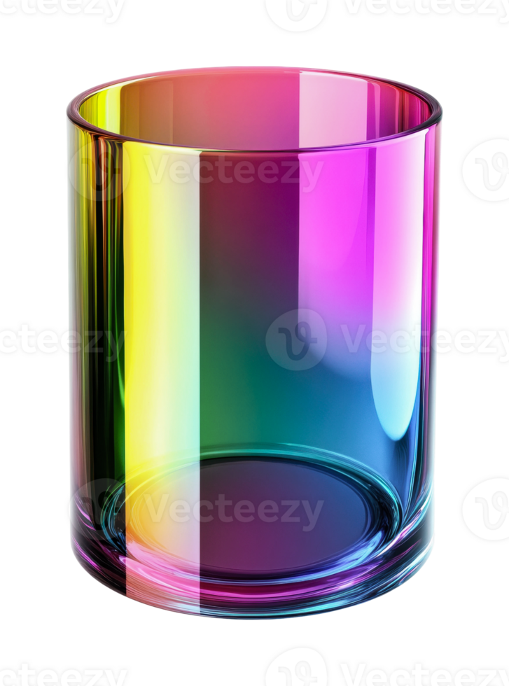 Rainbow-hued glass container with cylindrical form and reflective surface png