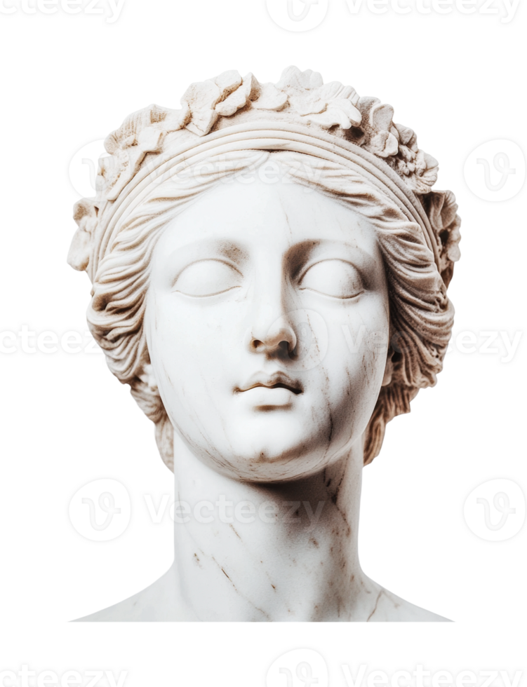Ancient marble bust of greek goddess with laurel wreath png