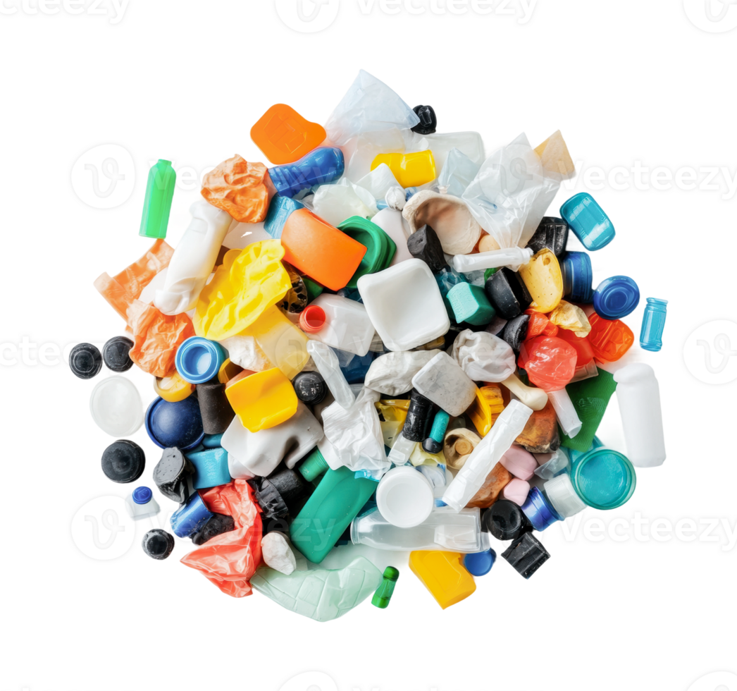 Pile of mixed plastic waste with various shapes and colors on black png