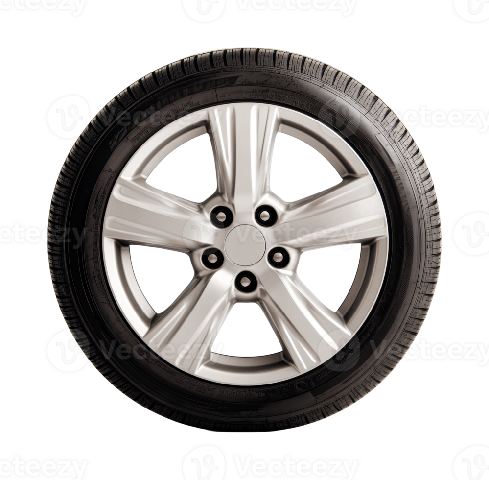 Silver alloy car wheel with black rubber tire on white background png