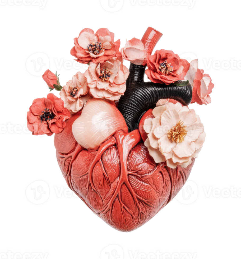 Realistic heart model with pink flowers blending nature and anatomy png