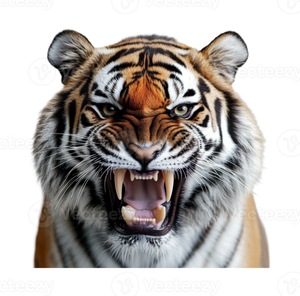 Fierce bengal tiger roaring with sharp teeth and intense gaze png