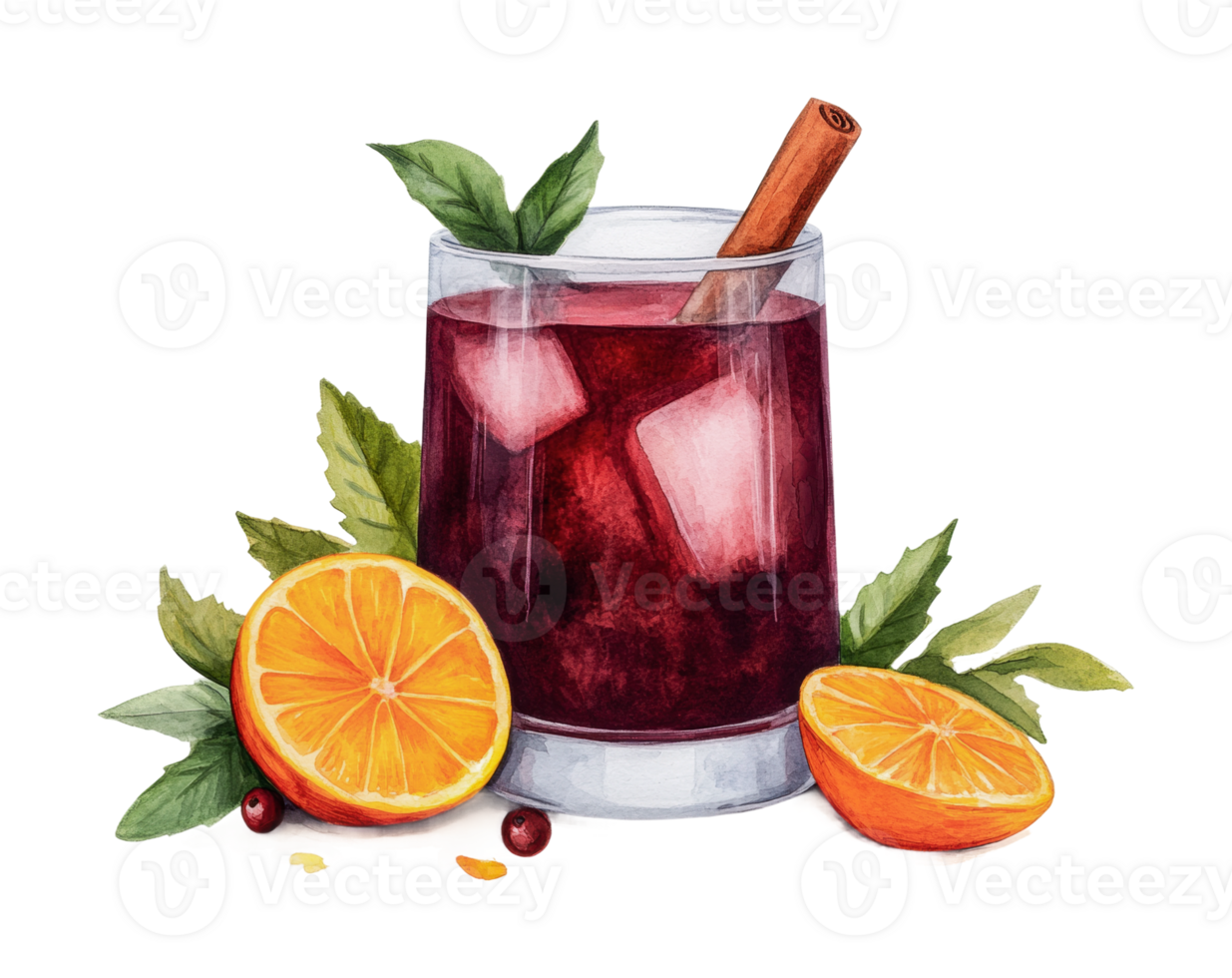 Beverage with ice and citrus garnish featuring cinnamon and fresh leaves png