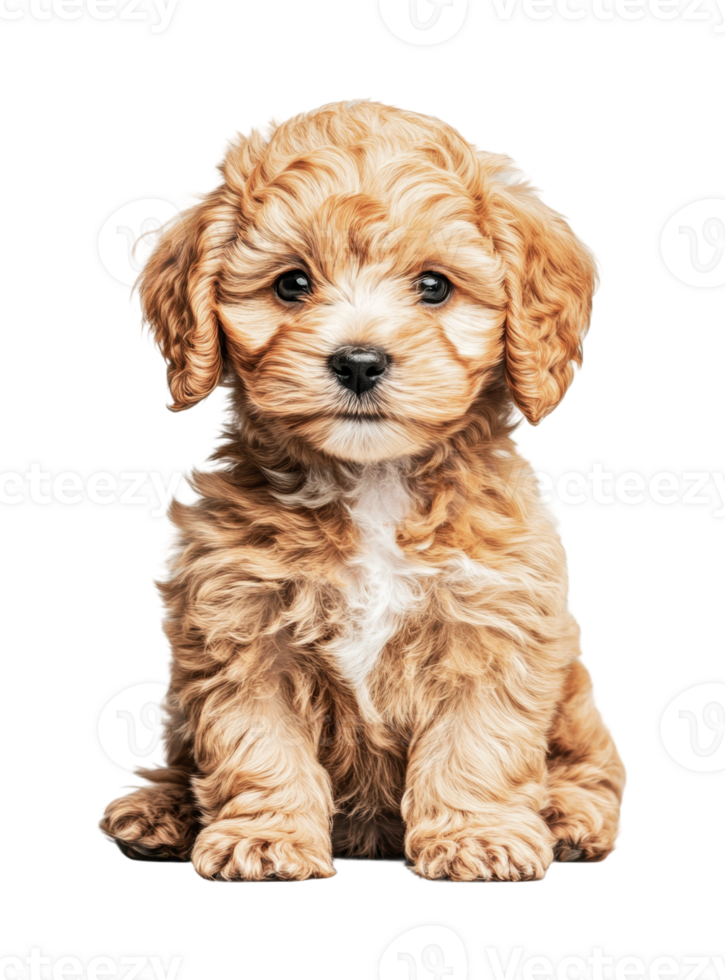Fluffy brown puppy with curly fur and adorable expression sitting png