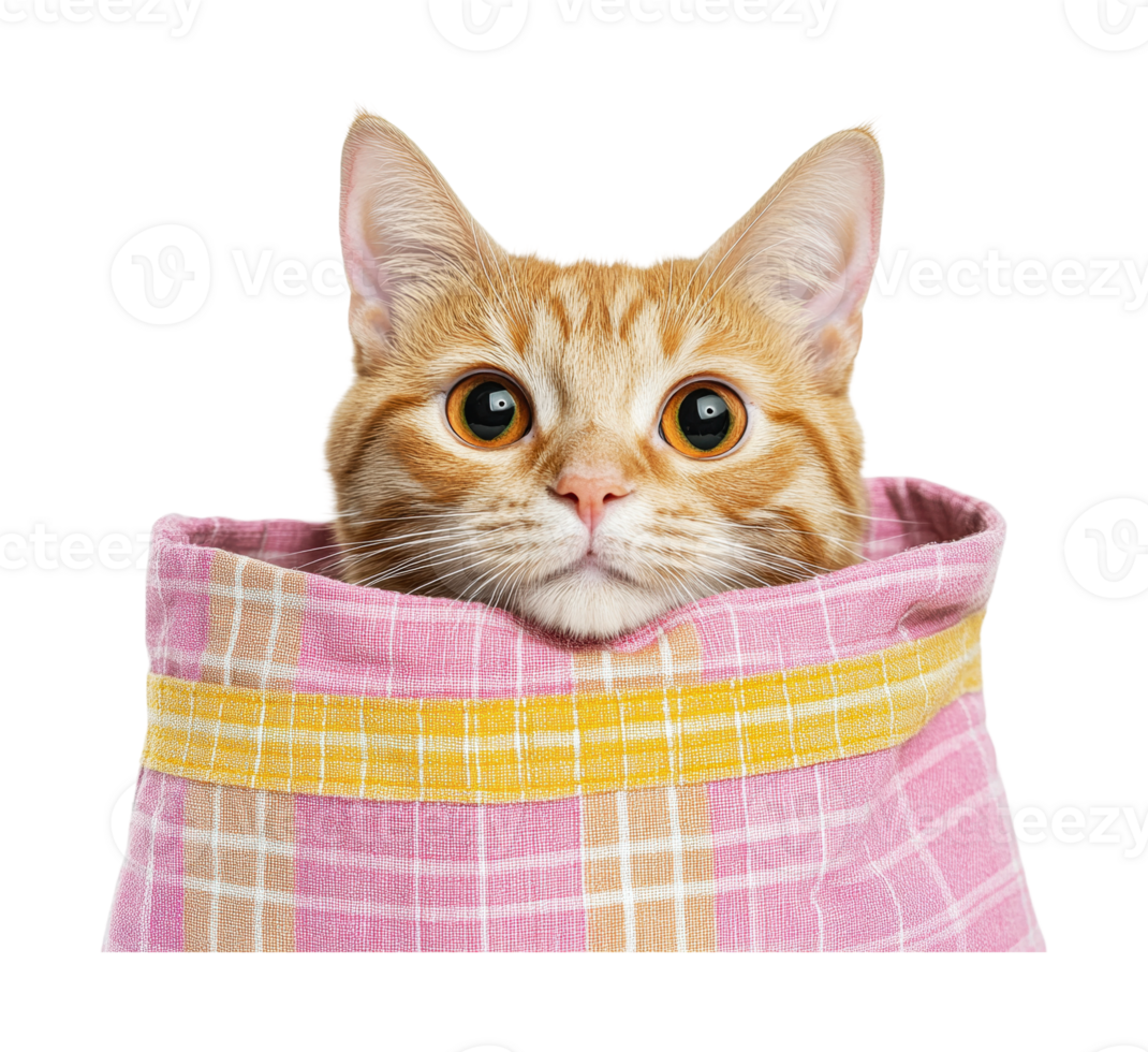 Curious orange tabby cat peeking from pink plaid bag png