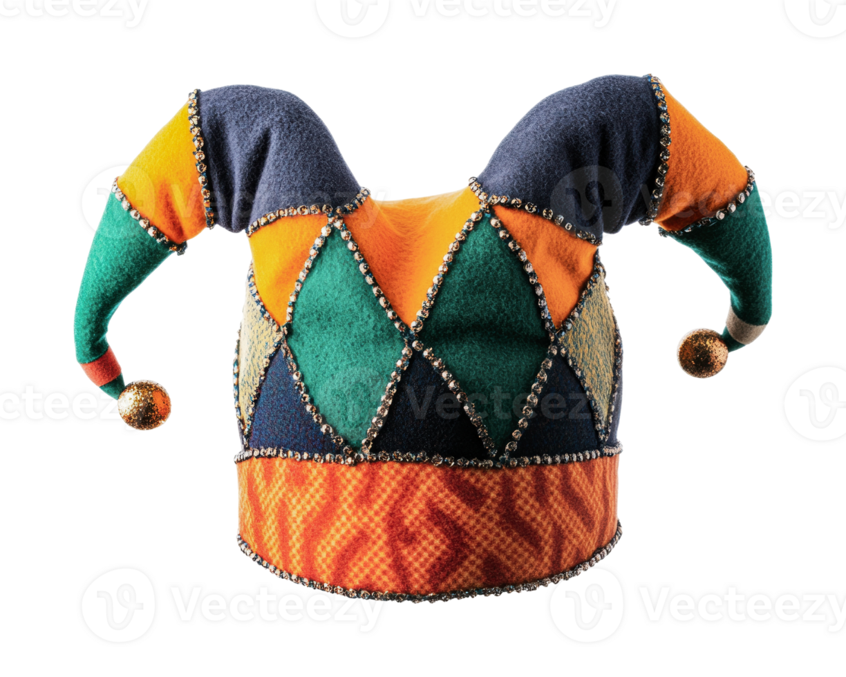 Colorful jester hat with bells in vibrant patchwork design png