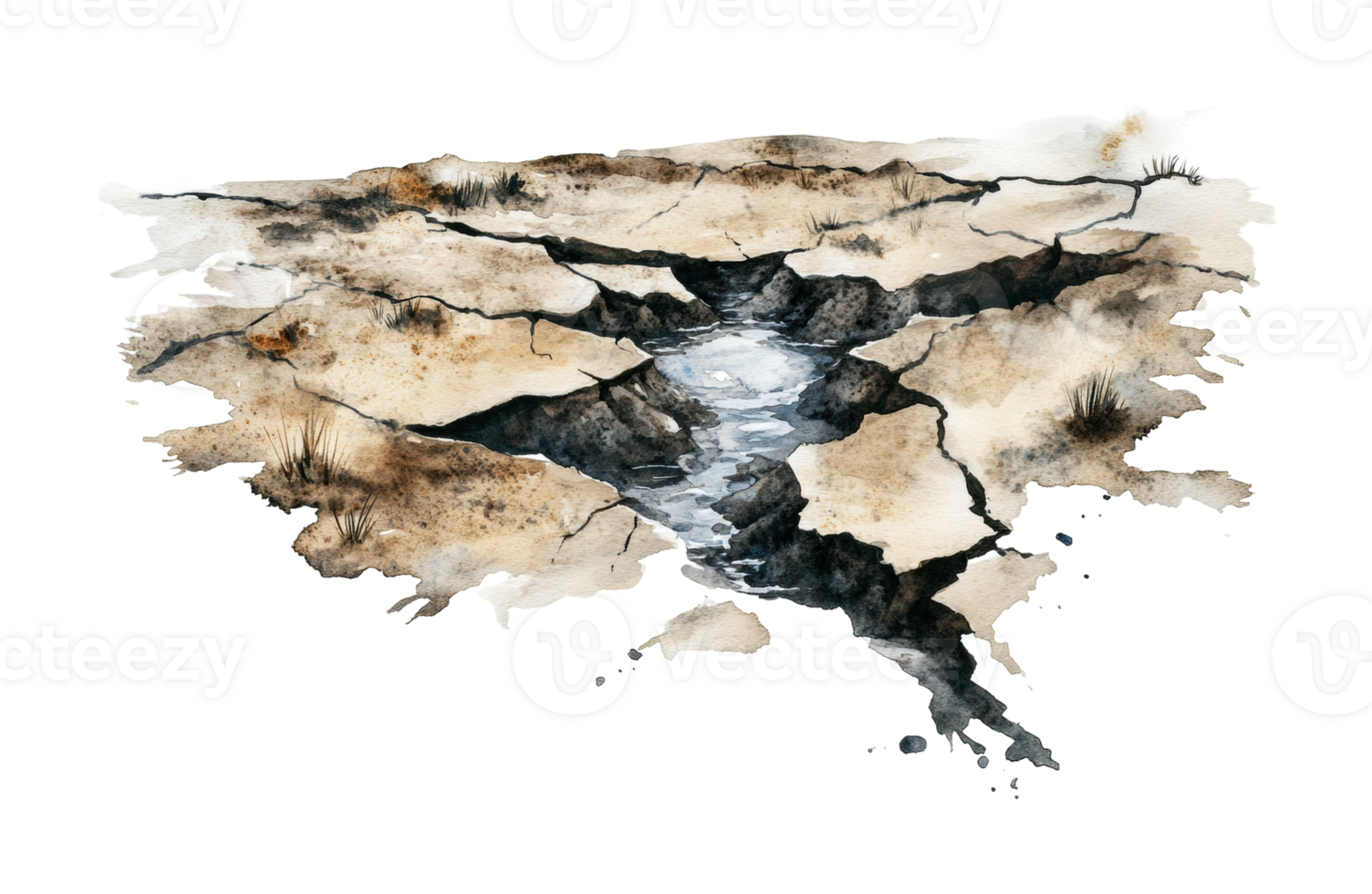 Watercolor illustration of cracked earth with flowing water highlighting drought and environmental impact png
