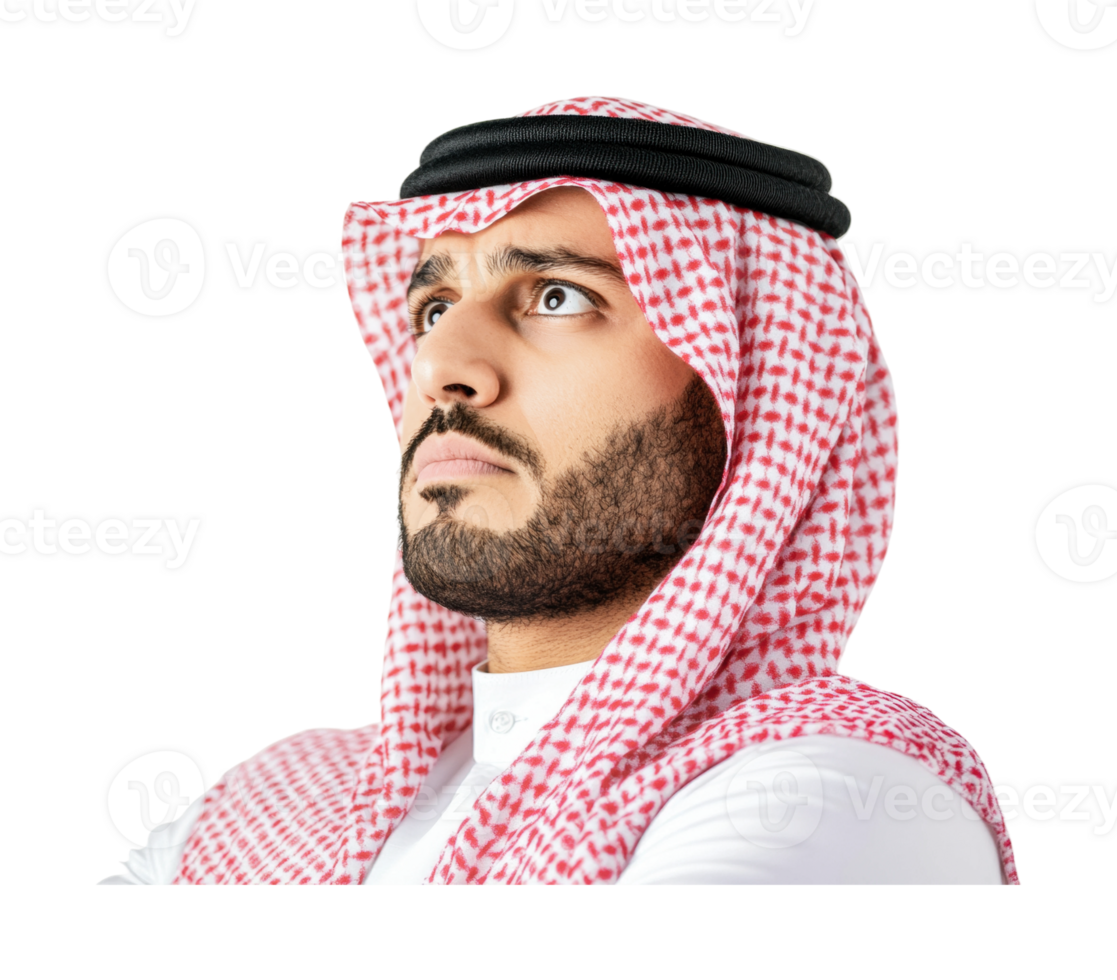 Thoughtful young arab male in traditional attire with keffiyeh and agal png