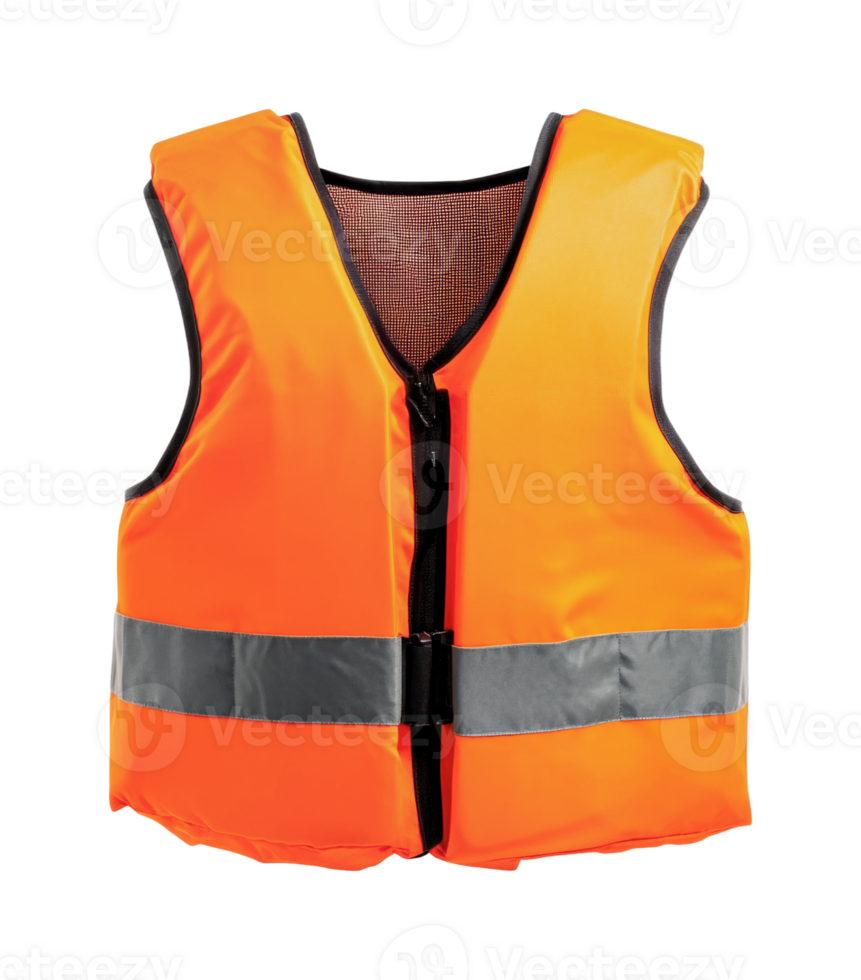 Bright orange safety life jacket with reflective strips png