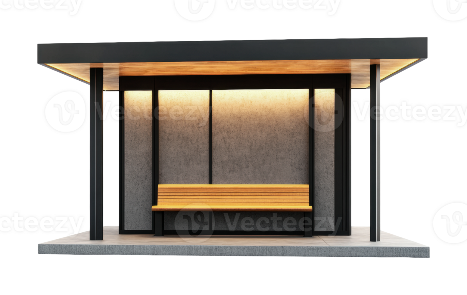 Modern minimalist bus stop with wooden bench and ambient lighting png
