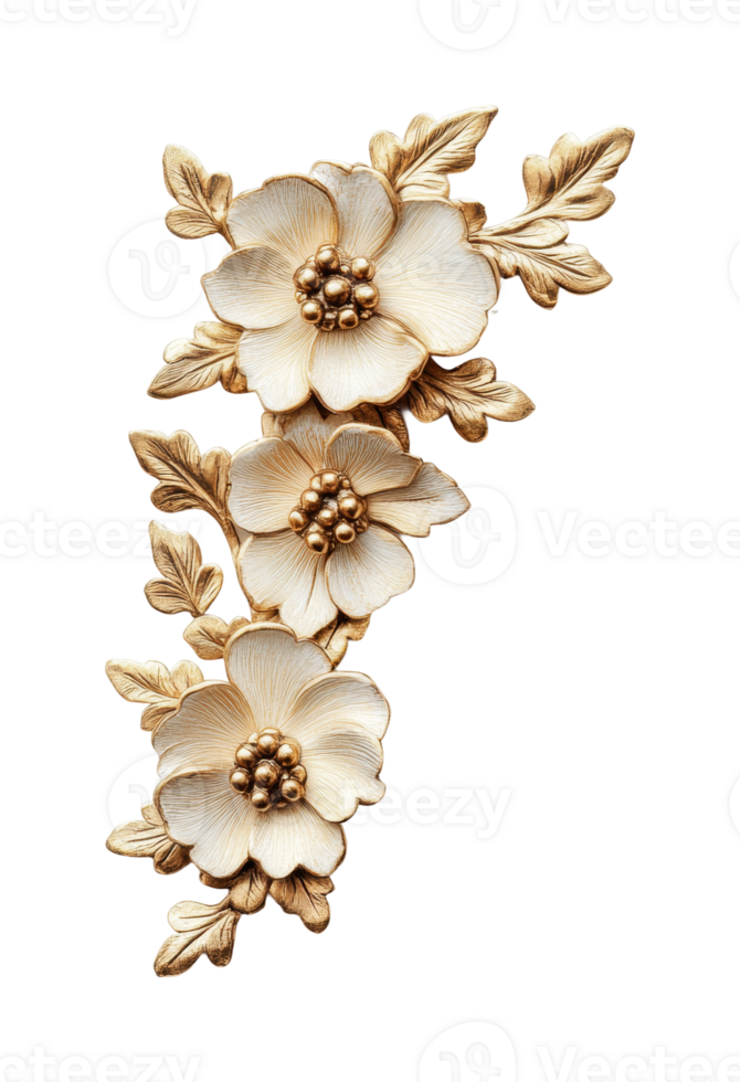Elegant golden floral arrangement with detailed leaves and textured petals png