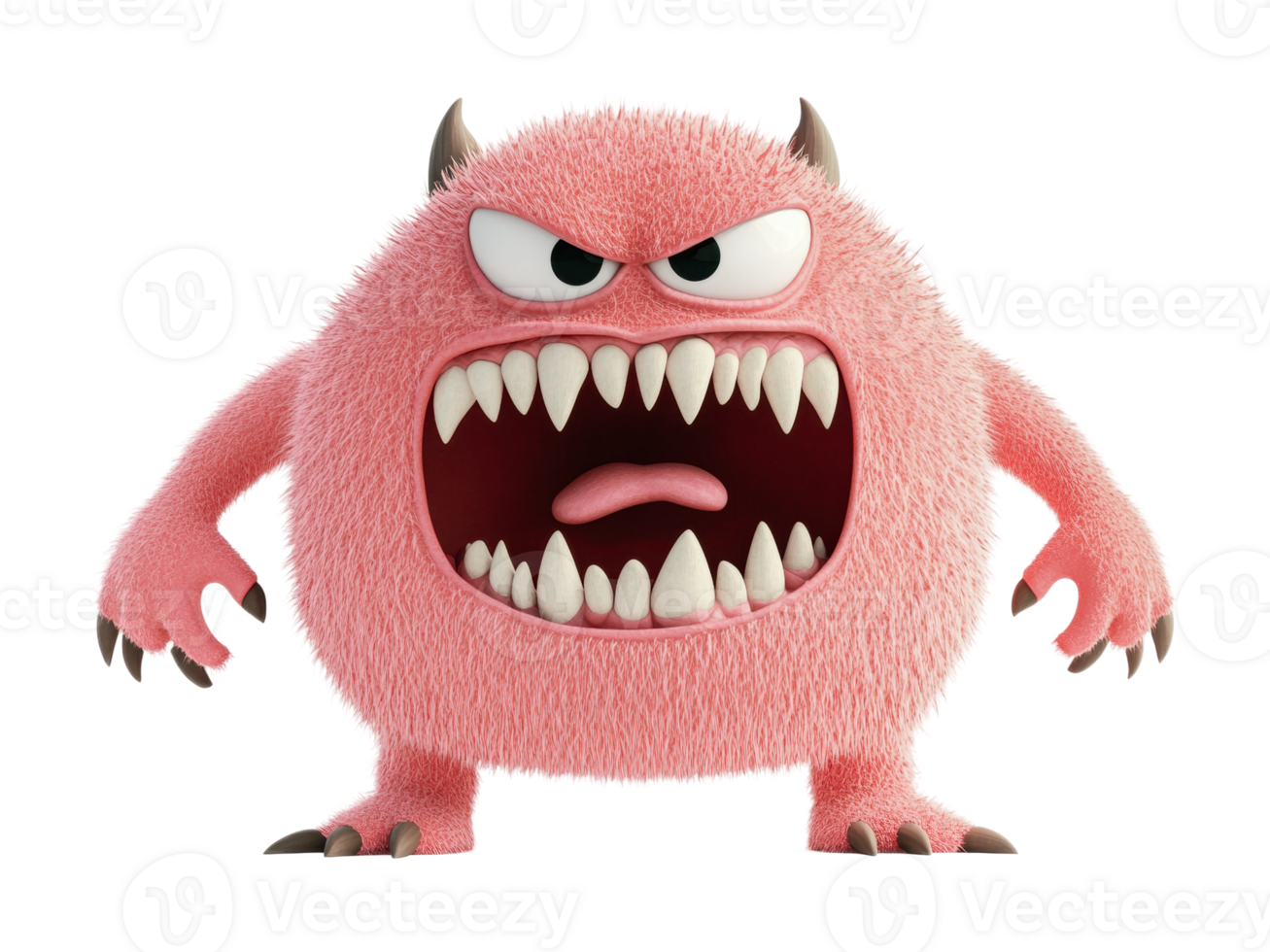 Fierce pink cartoon monster with sharp teeth and horns png