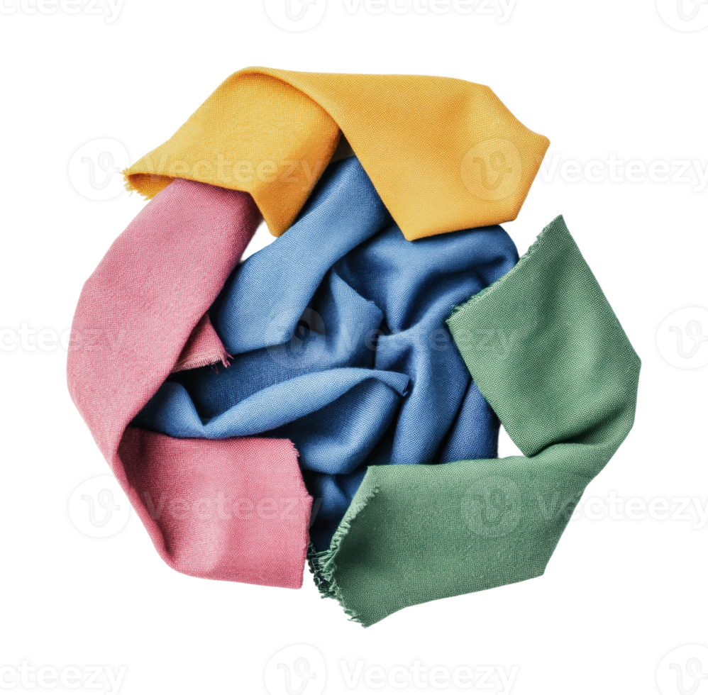 Colorful fabric swirl featuring yellow, pink, blue, and green textiles on black png