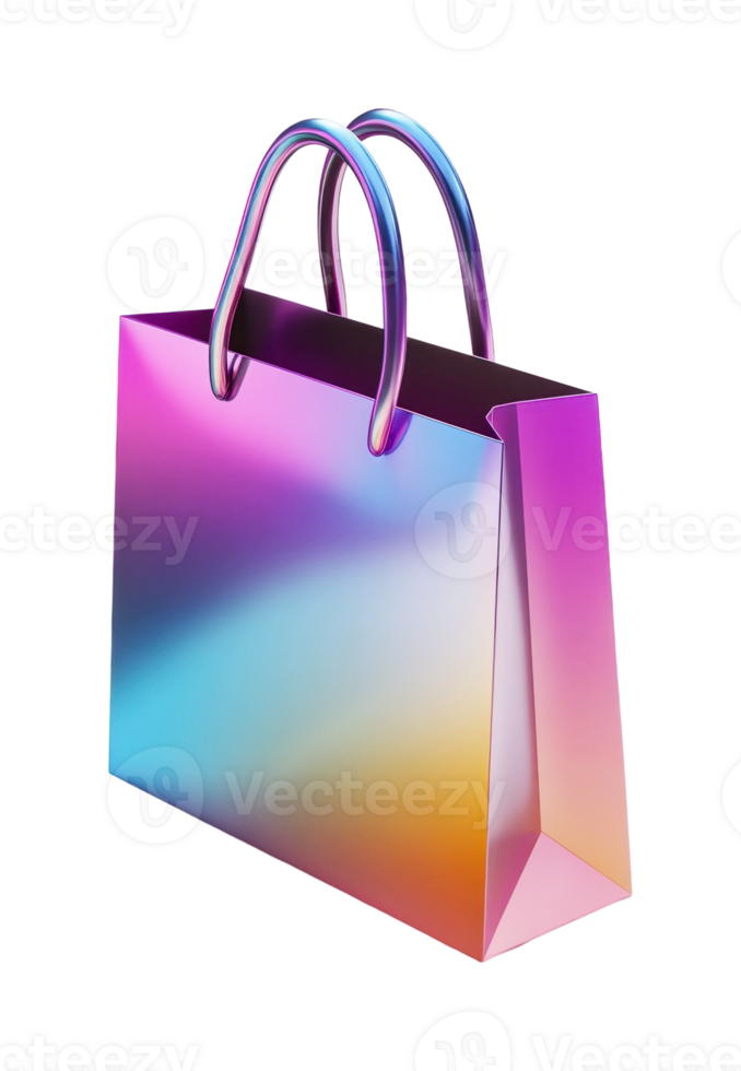 Colorful iridescent shopping bag with glossy metallic handles png