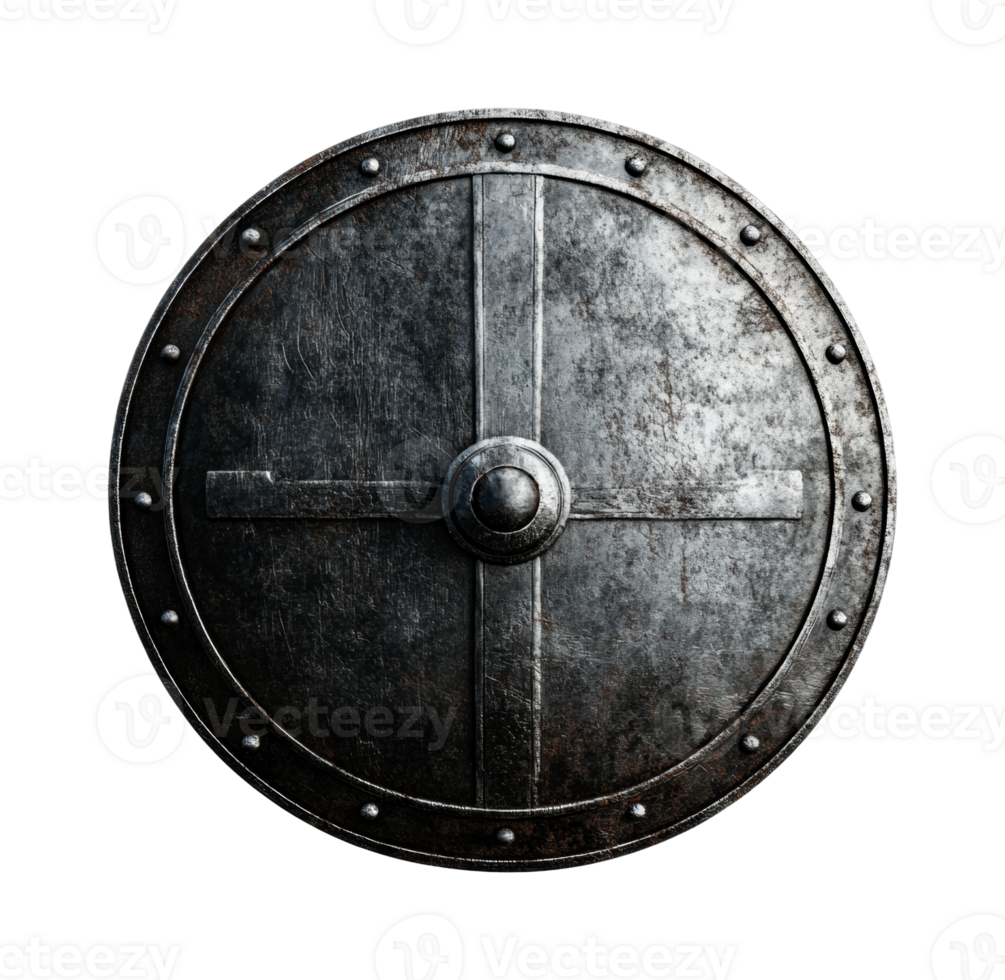 Medieval metal shield with rivets and cross design on black background png