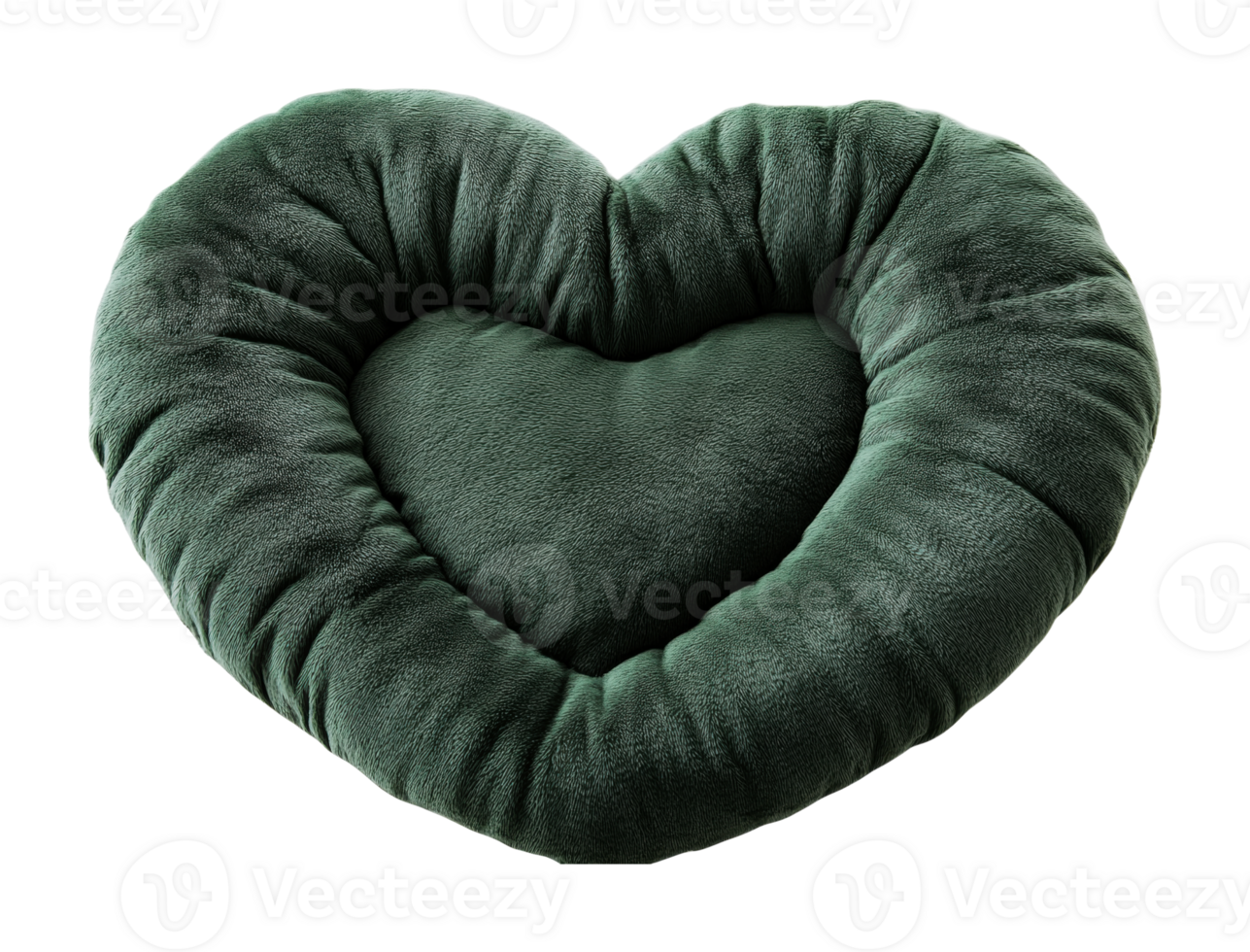 Plush velvet heart-shaped green pillow cushion isolated on black background png