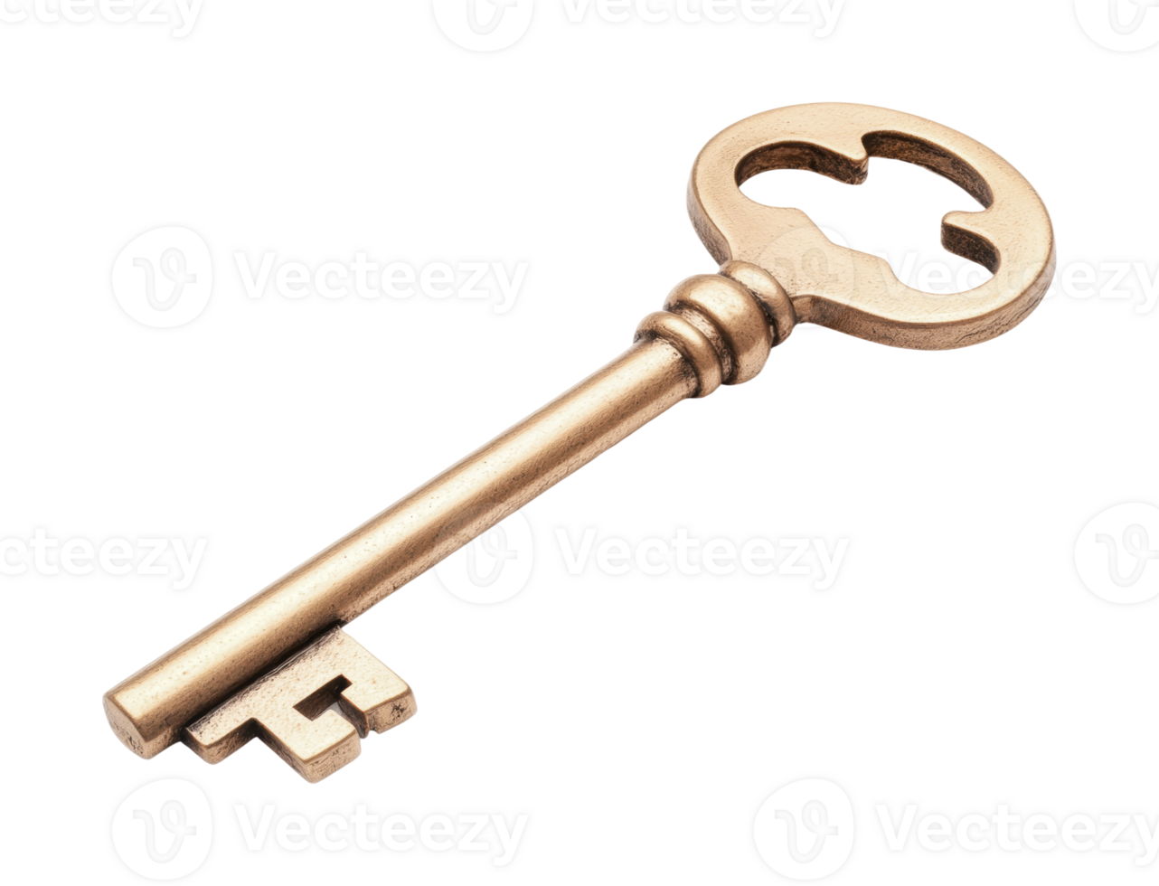 Antique brass skeleton key with ornate design on black background png