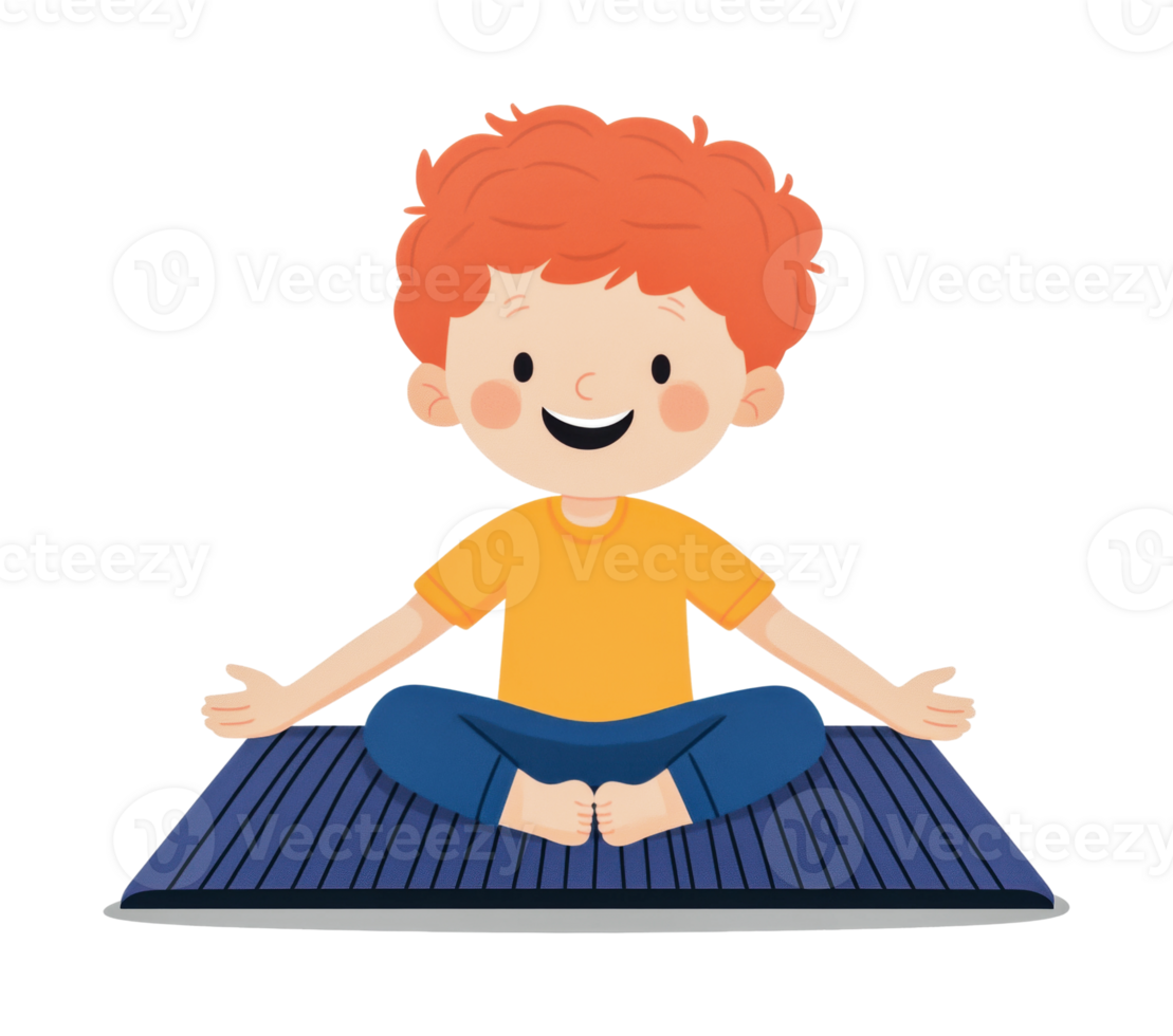 Happy red-haired child meditating on a blue yoga mat in yellow shirt png