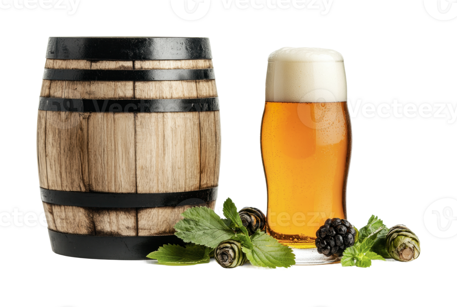 Refreshing beer pint with wooden barrel and fresh hops isolated on white background png