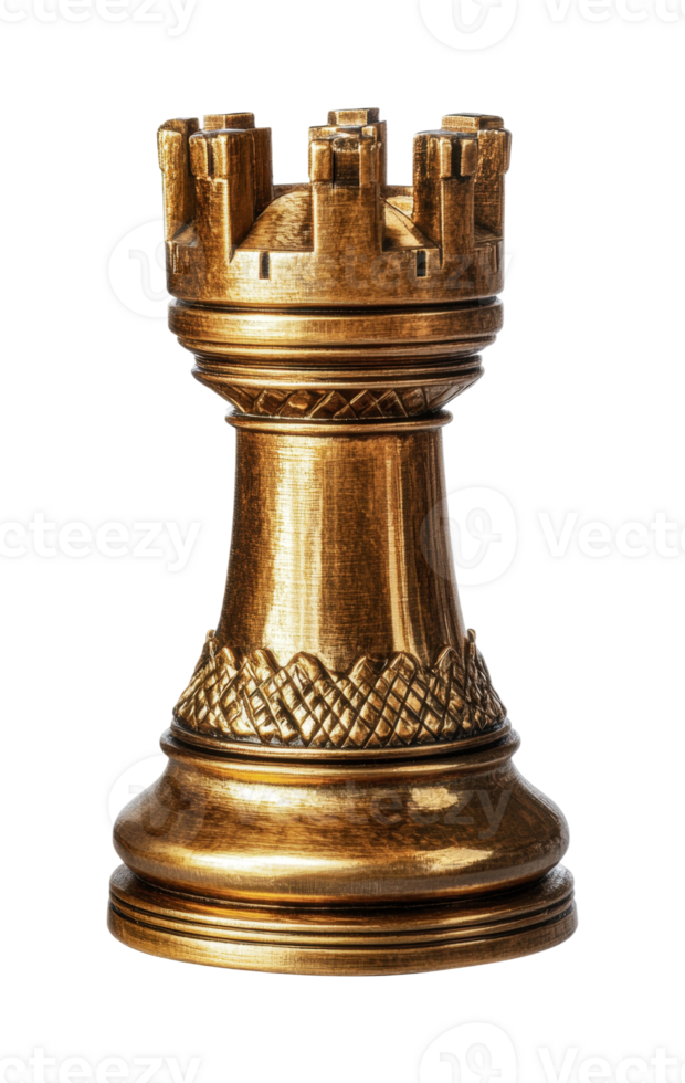 Golden chess rook piece with intricate carving on black background png