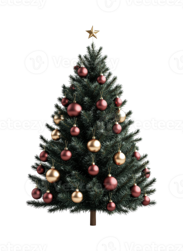 Festive christmas tree with red and gold ornaments and star topper png