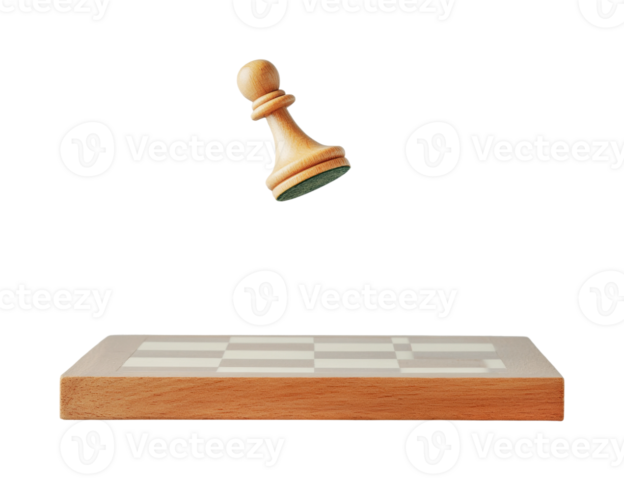 Floating chess pawn above wooden chessboard png