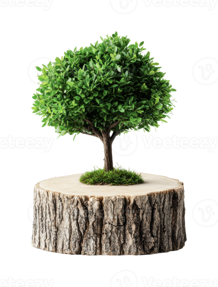Lush green tree on wooden stump displaying nature's beauty and vitality png