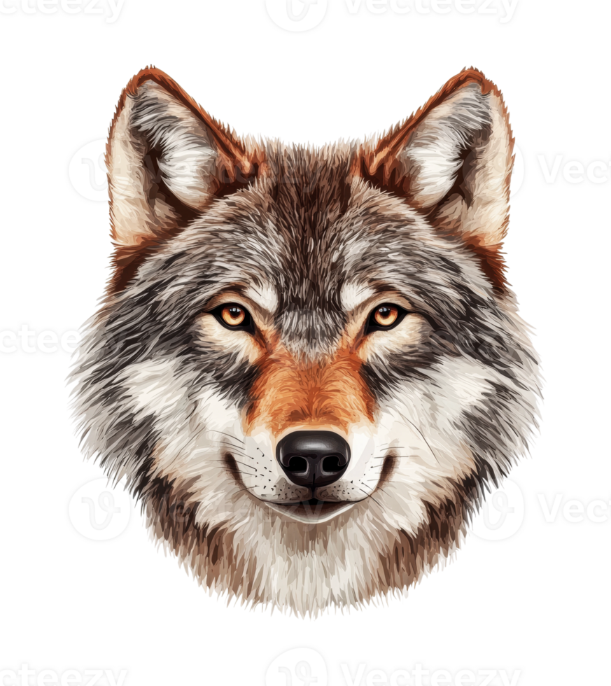 Realistic wolf head illustration with detailed fur and piercing eyes png