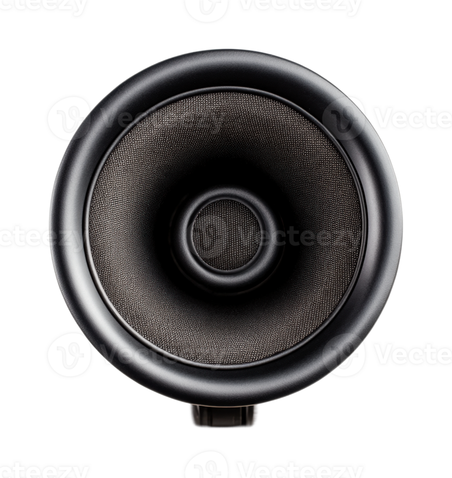 Close-up detail of a black audio speaker cone on black background png