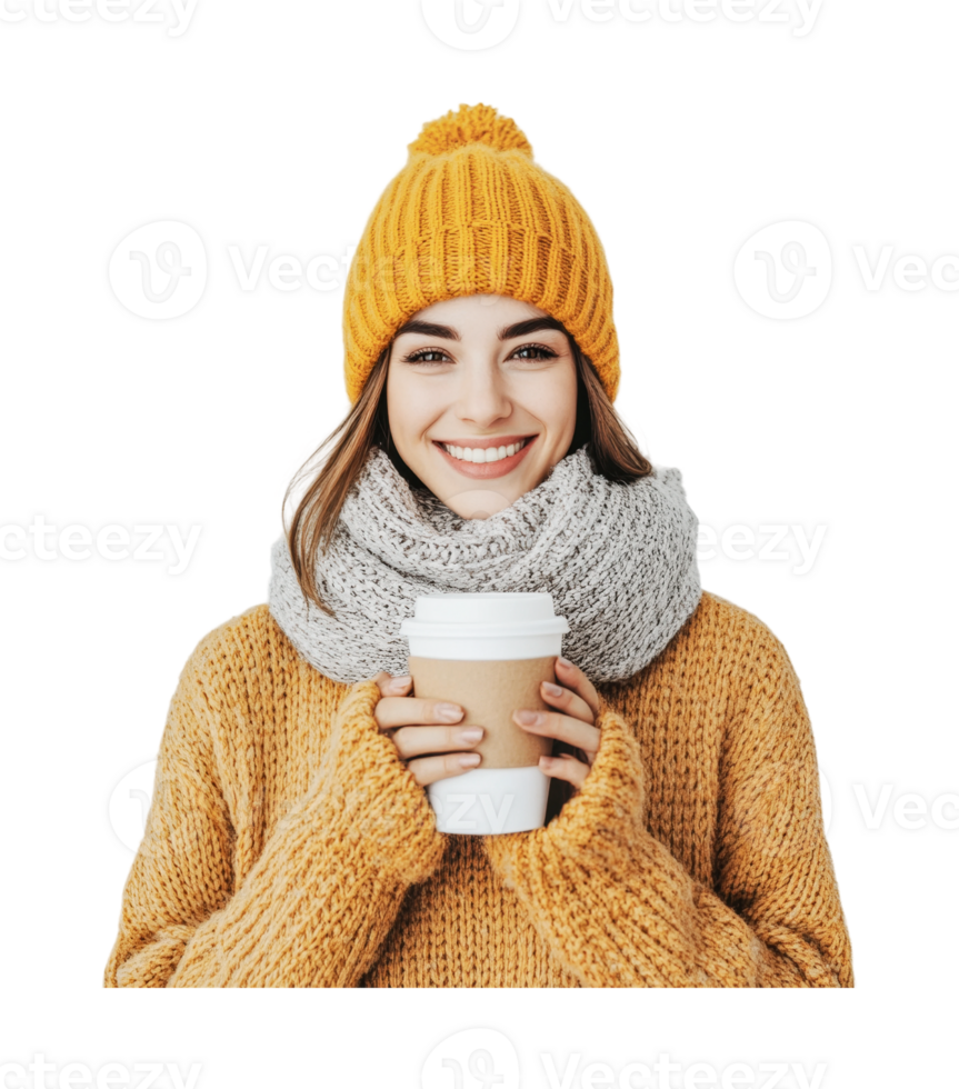 Young caucasian female smiling in warm knitwear with hot drink png