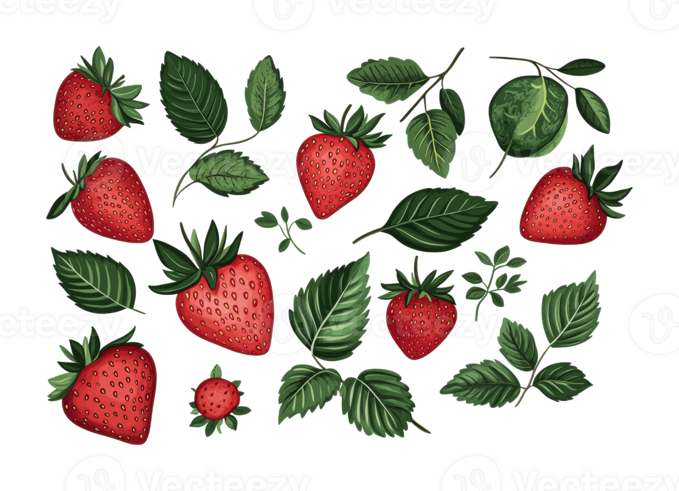 Pattern of fresh strawberries and green leaves on black background png