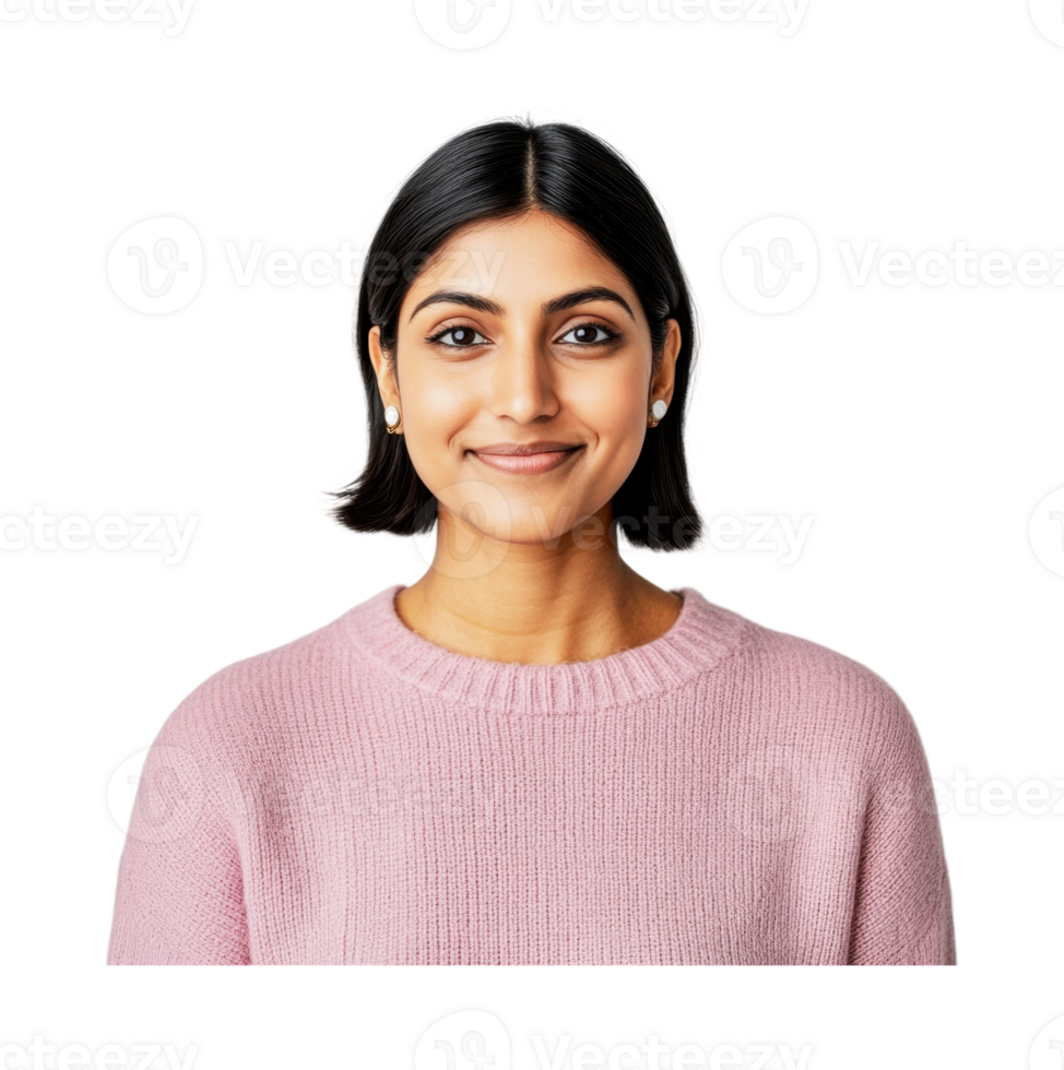 Smiling young asian female in pink sweater png