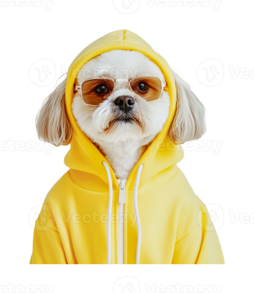 Cute dog wearing yellow hoodie and sunglasses png