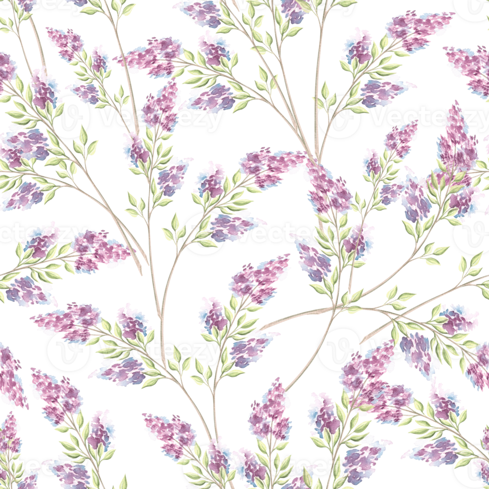 Lilac flowers sprigs with leaves. Botanical seamless pattern. Hand drawn watercolor illustration isolated. Syringa blooming. Summer background. Floral purple print. Template for wallpaper, textile. png