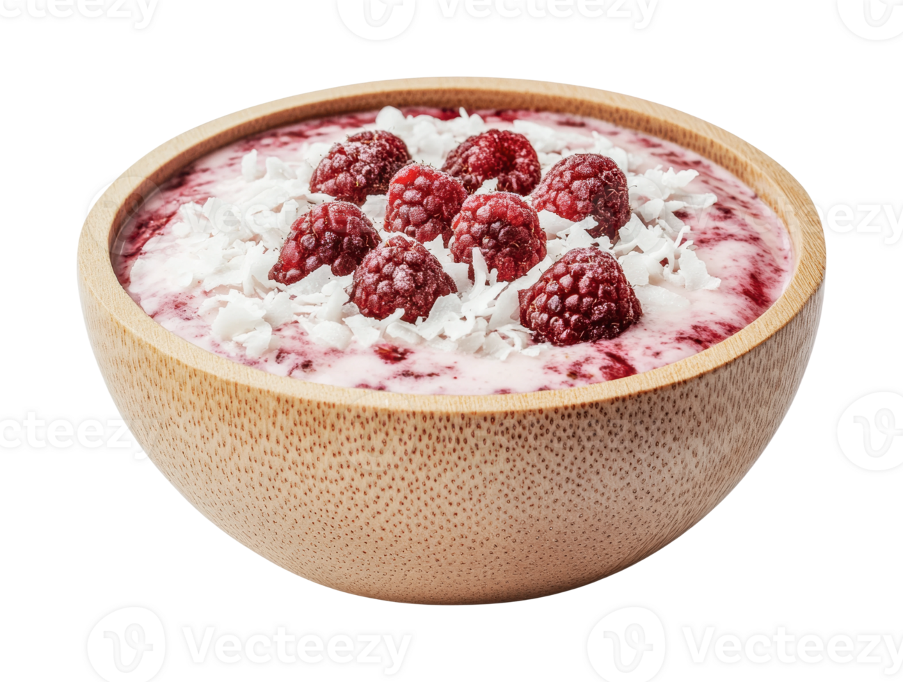 Delicious raspberry coconut yogurt in wooden bowl png