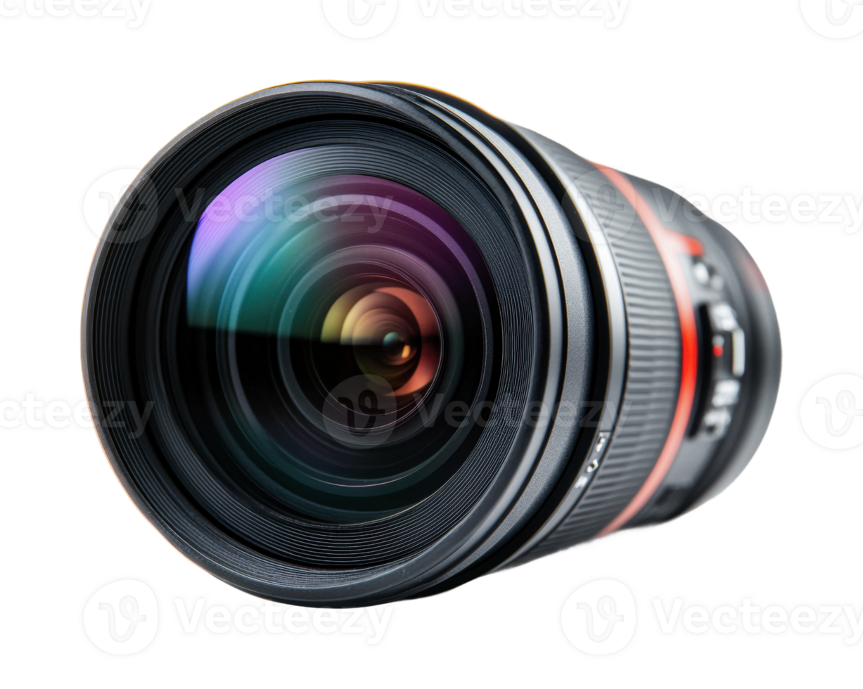 Close-up of professional camera lens with colorful reflections png