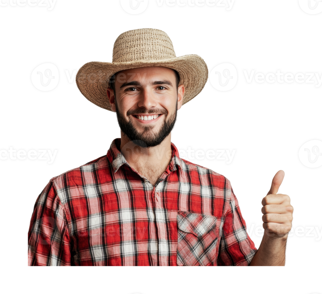 Smiling young caucasian male in straw hat giving thumbs up in plaid shirt png