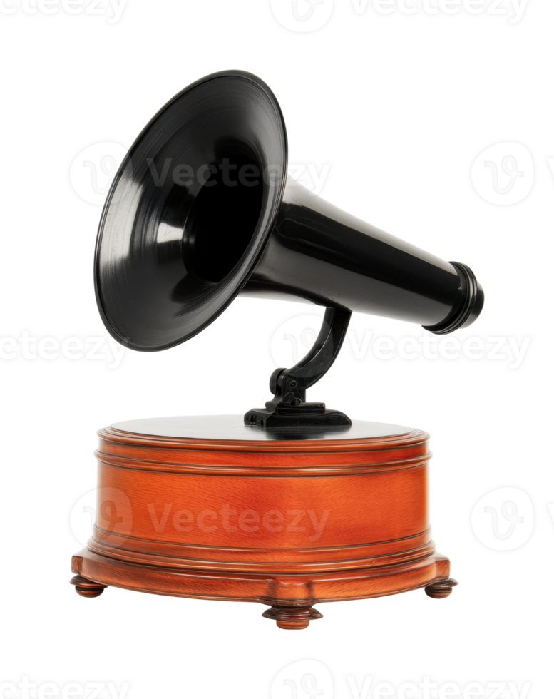 Vintage gramophone with black horn on wooden base isolated on white png