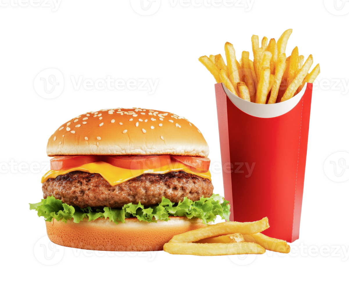 Juicy cheeseburger with crisp lettuce and golden fries in red box png