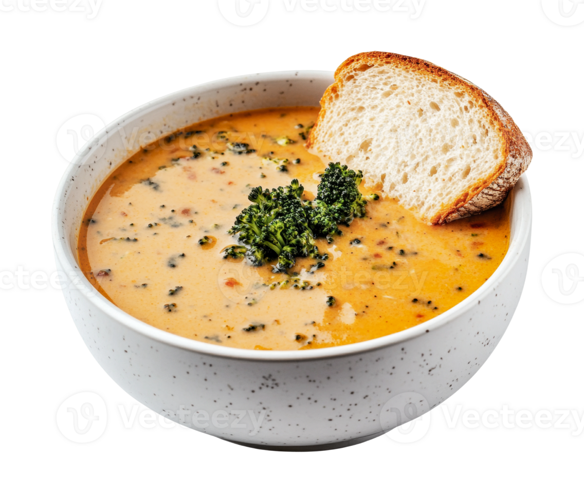 Creamy broccoli cheddar soup with bread in white speckled bowl png
