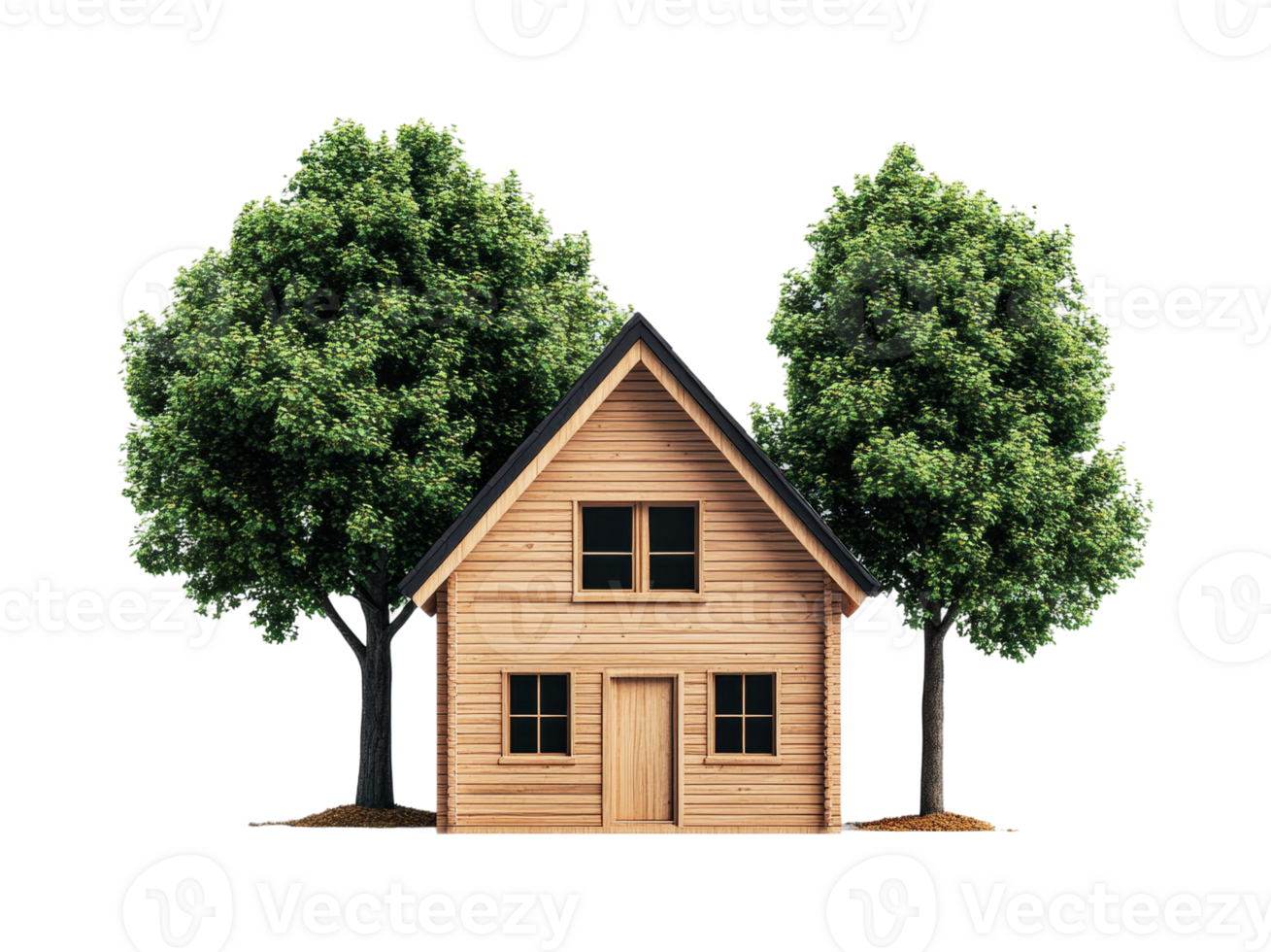 Rustic wooden cabin between two lush trees png