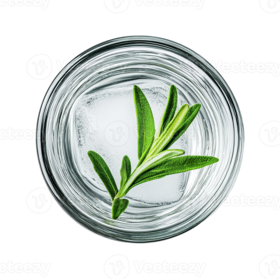 Refreshing ice cube with green herb in glass on black background png