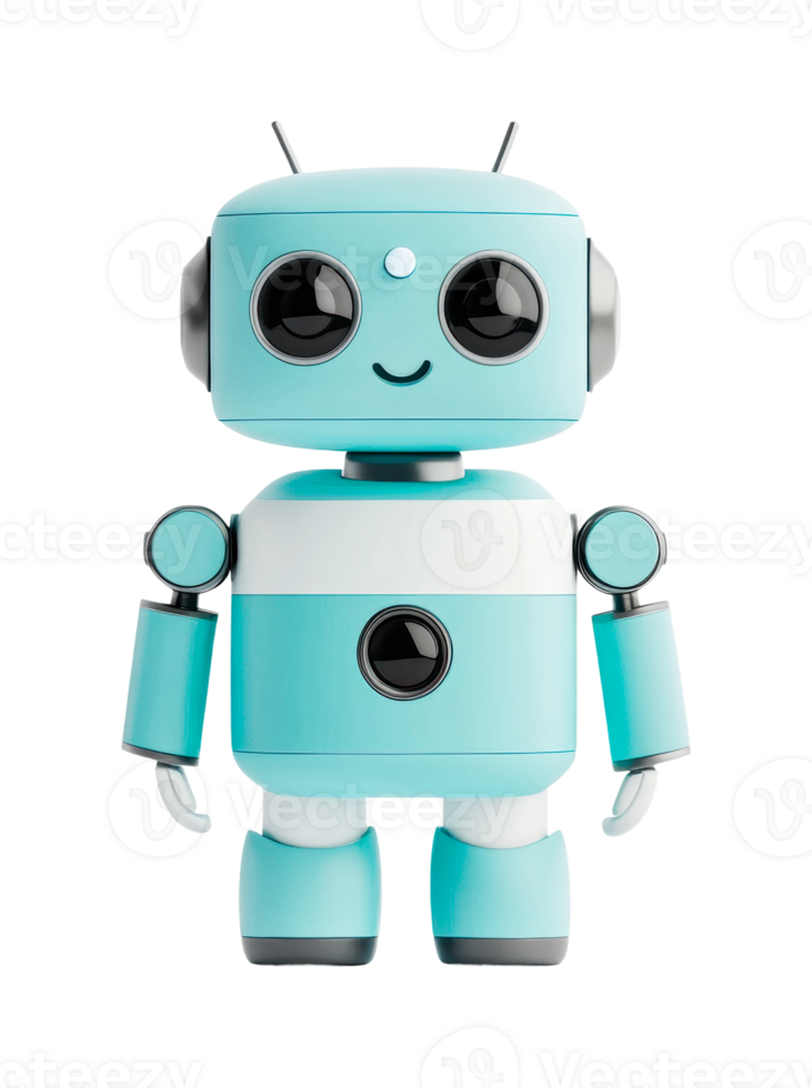 Cute blue toy robot with antennas and smiling face on white background png
