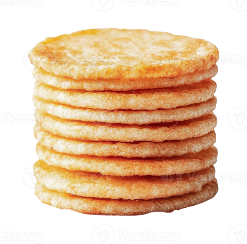 Stack of crispy round rice crackers on white surface png