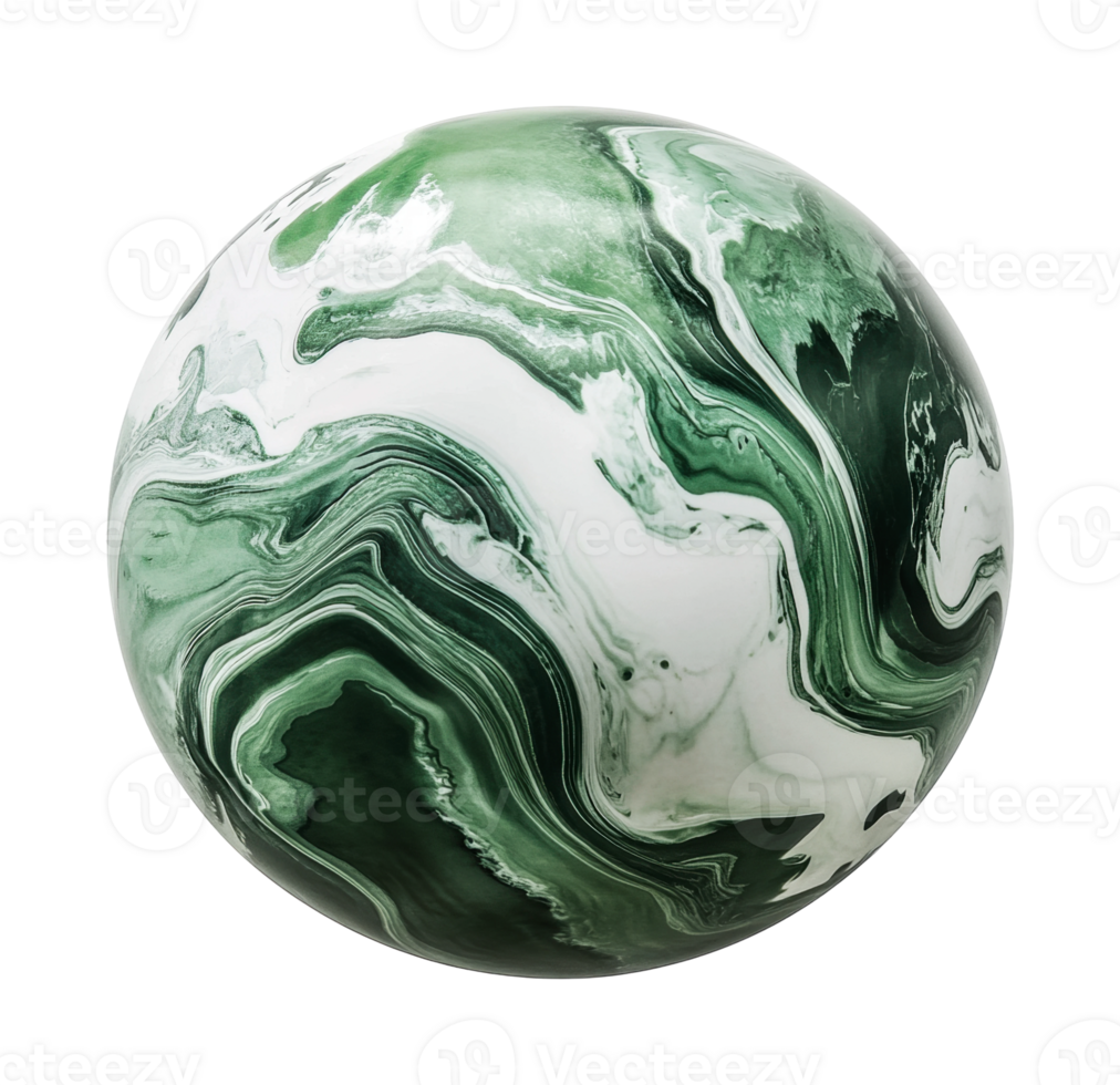 Abstract green and white marble sphere with swirling patterns png