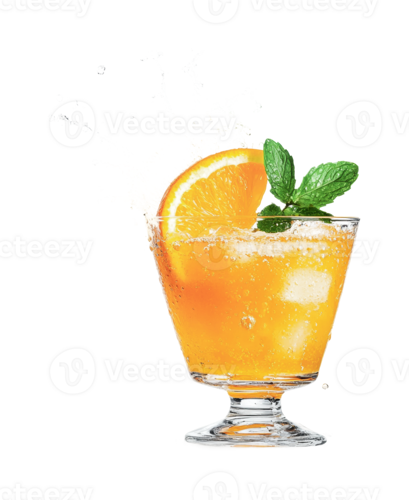 Refreshing orange juice splash with mint and ice in a glass png