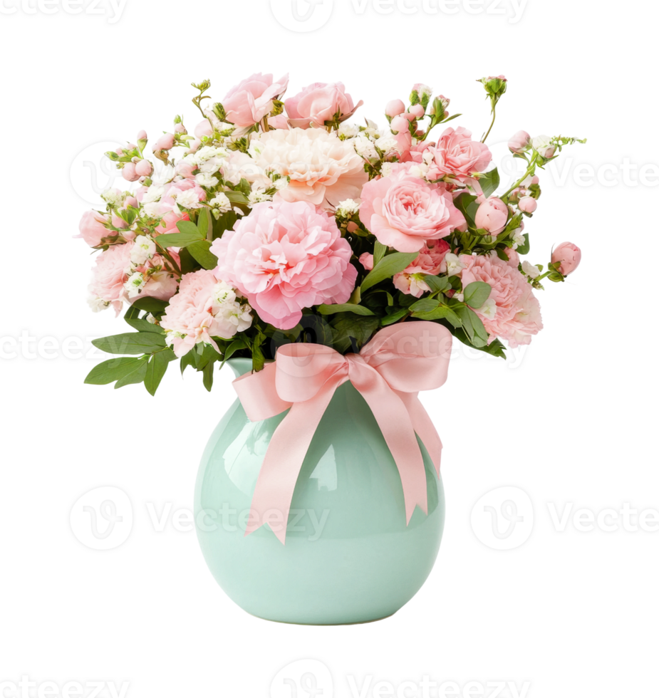 Elegant pink floral arrangement in pastel vase with ribbon png