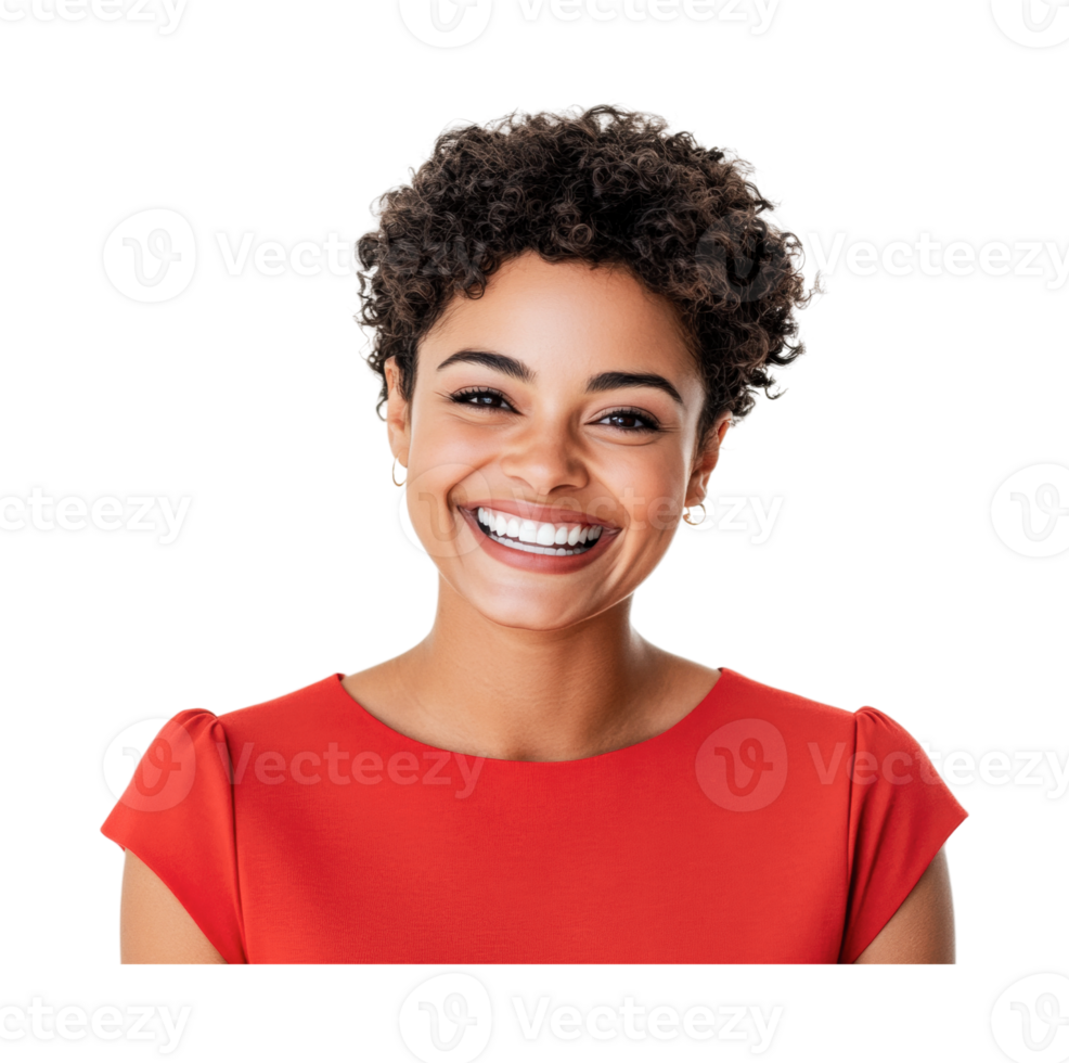 Smiling african female adult in red dress with curly hair png