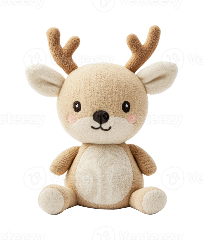 Adorable plush deer toy with antlers and cute expression on black background png