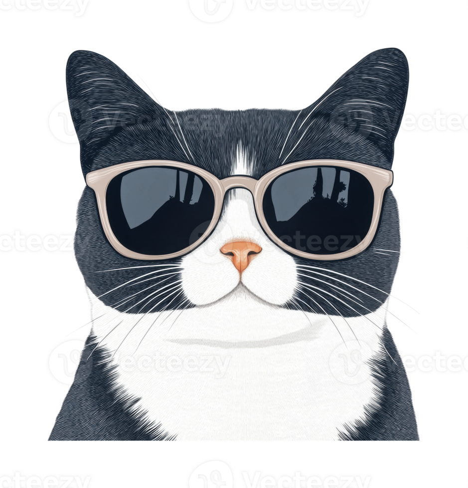 Cool black and white cat wearing sunglasses in stylish portrait png